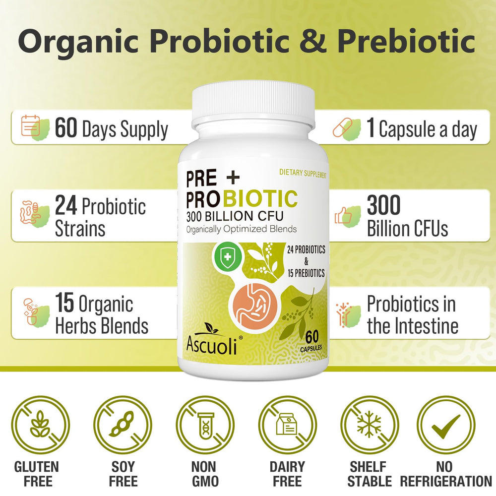 Ascuoli Organic herbs prebiotics blend on label for digestive support