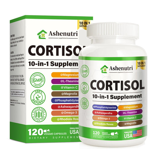 Ashenutri 10-in-1 cortisol supplement bottle offering convenient daily support.