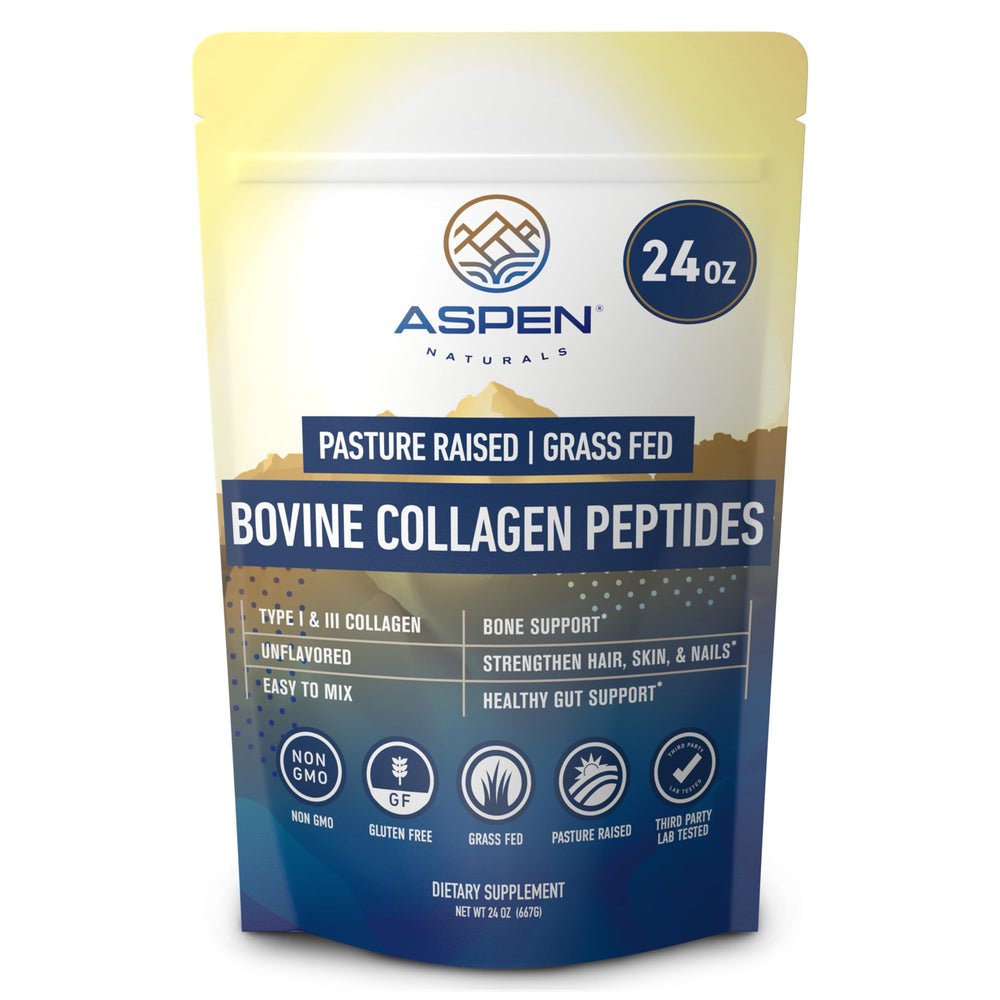 Aspen Naturals Bovine Collagen Powder jar, grass-fed source for hair, skin, and nails.