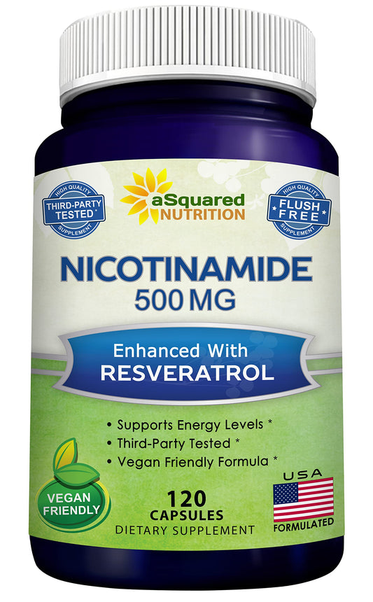aSquared Nutrition Nicotinamide with Resveratrol 120 capsules bottle front view for longevity and vitality