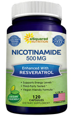 aSquared Nutrition Nicotinamide with Resveratrol 120 capsules bottle front view for longevity and vitality