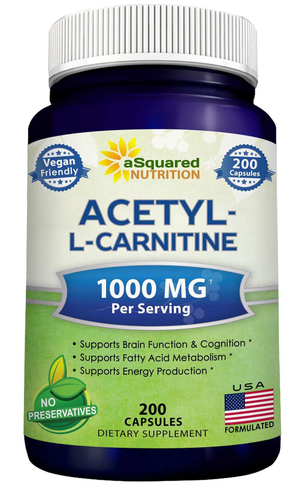 aSquared Nutrition Acetyl L-Carnitine bottle emphasizing energy support for daily routines