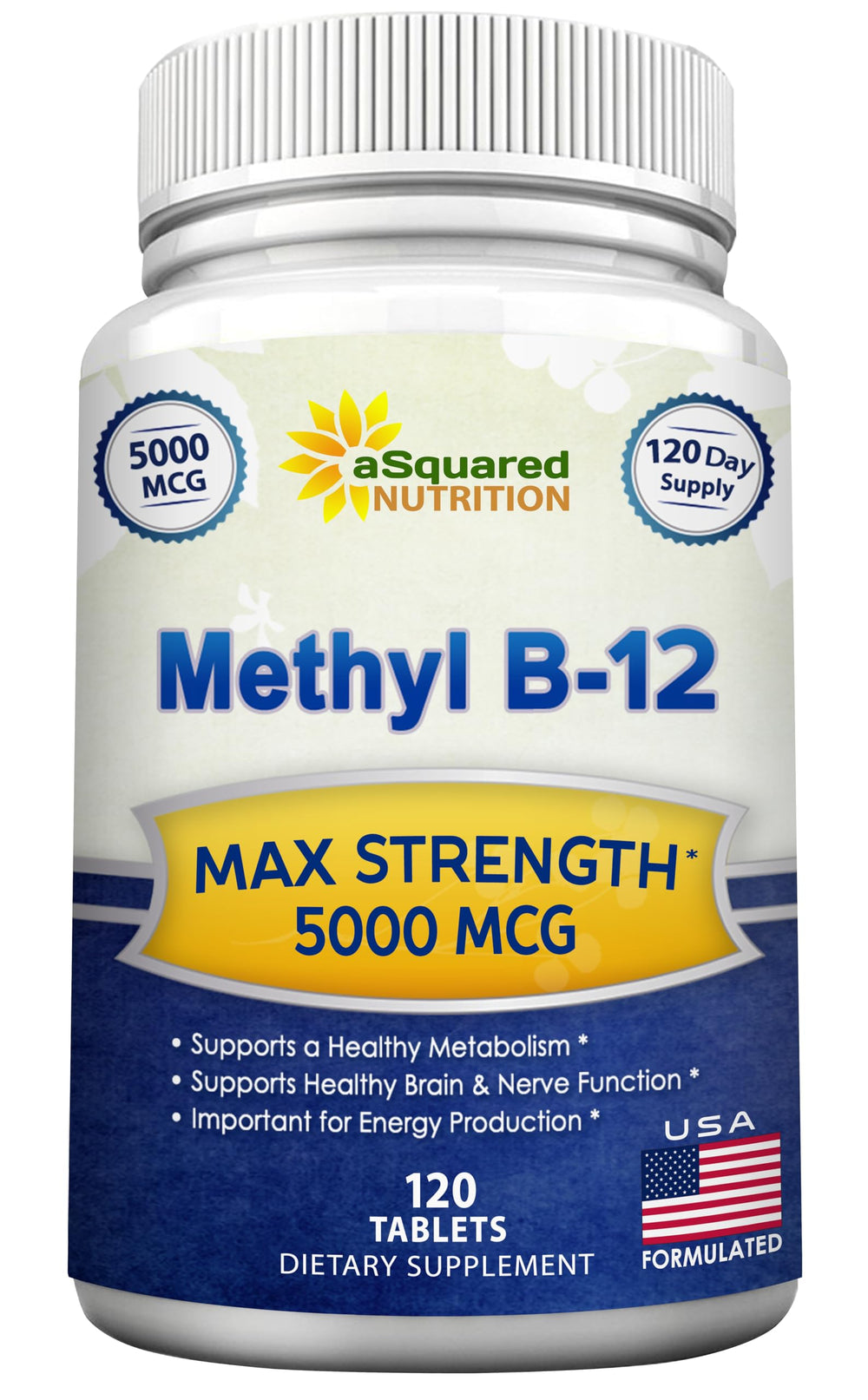 asquared nutrition b12 5000mcg tablet front view highlighting energy support