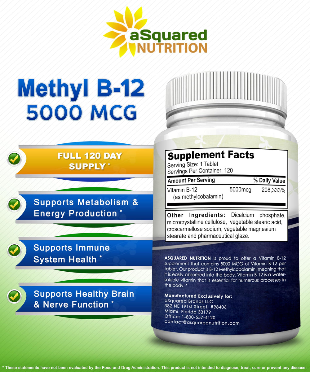 asquared nutrition b12 5000mcg tablets on desk ready for routine