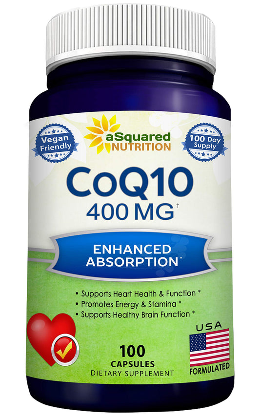 aSquared Nutrition CoQ10 bottle and capsules for daily energy support.