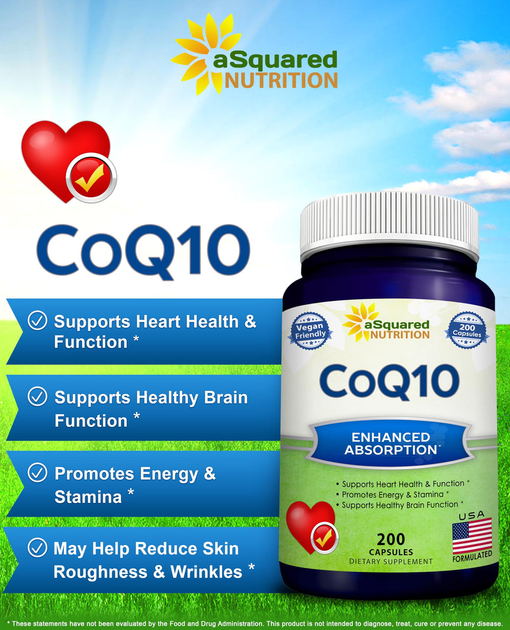 aSquared Nutrition CoQ10 capsules close-up highlights 200-count supply for long-term daily use