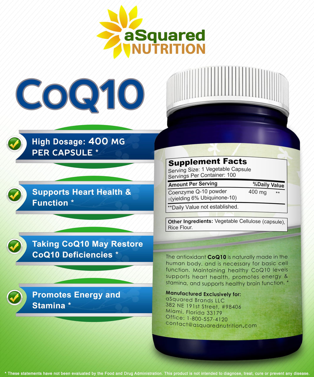 aSquared Nutrition CoQ10 capsules arranged in a row.