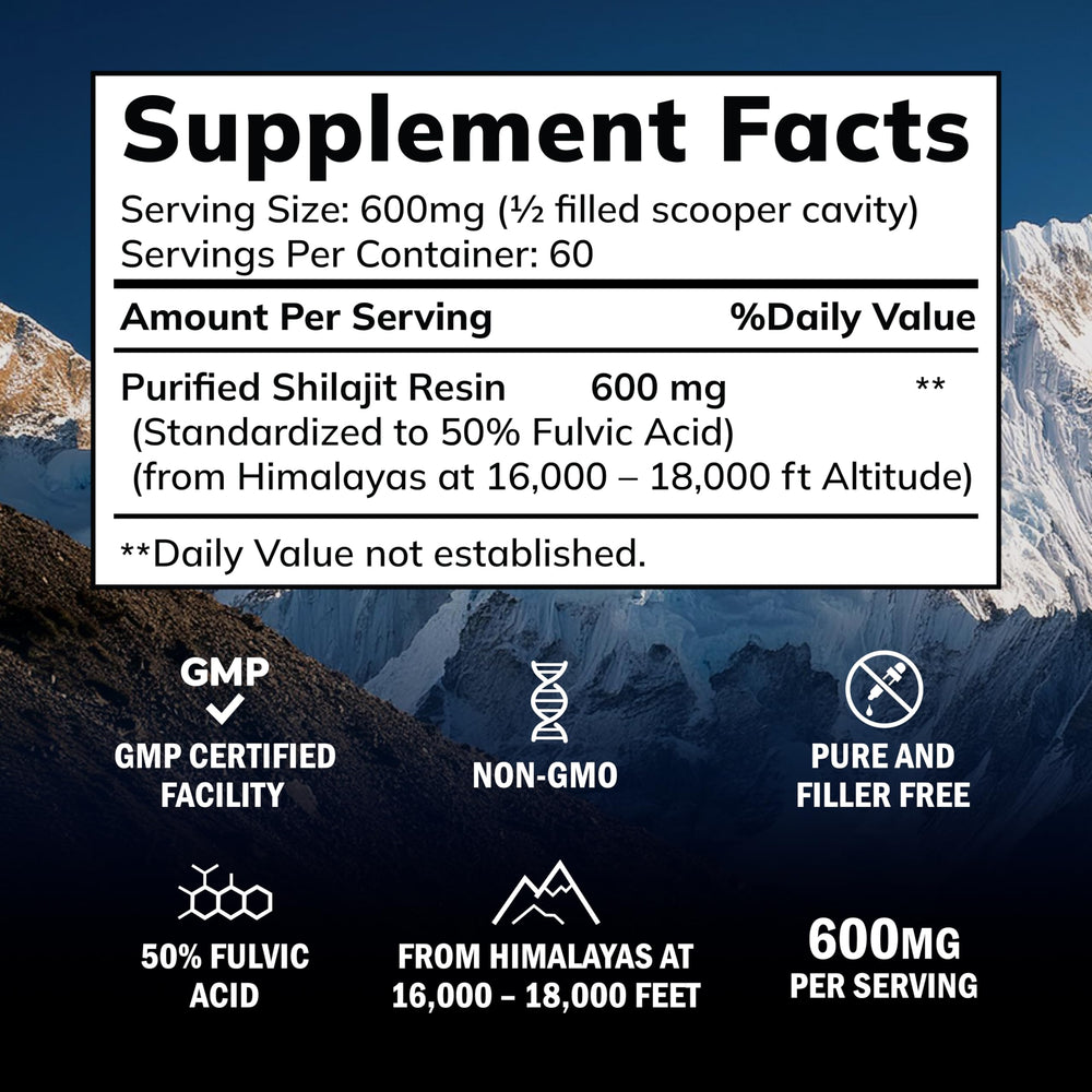 aSquared Nutrition Shilajit Resin close-up shows 50% Fulvic Acid aiding nutrient absorption.