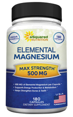 aSquared Nutrition magnesium 500mg bottle, clear label, for daily wellness support.