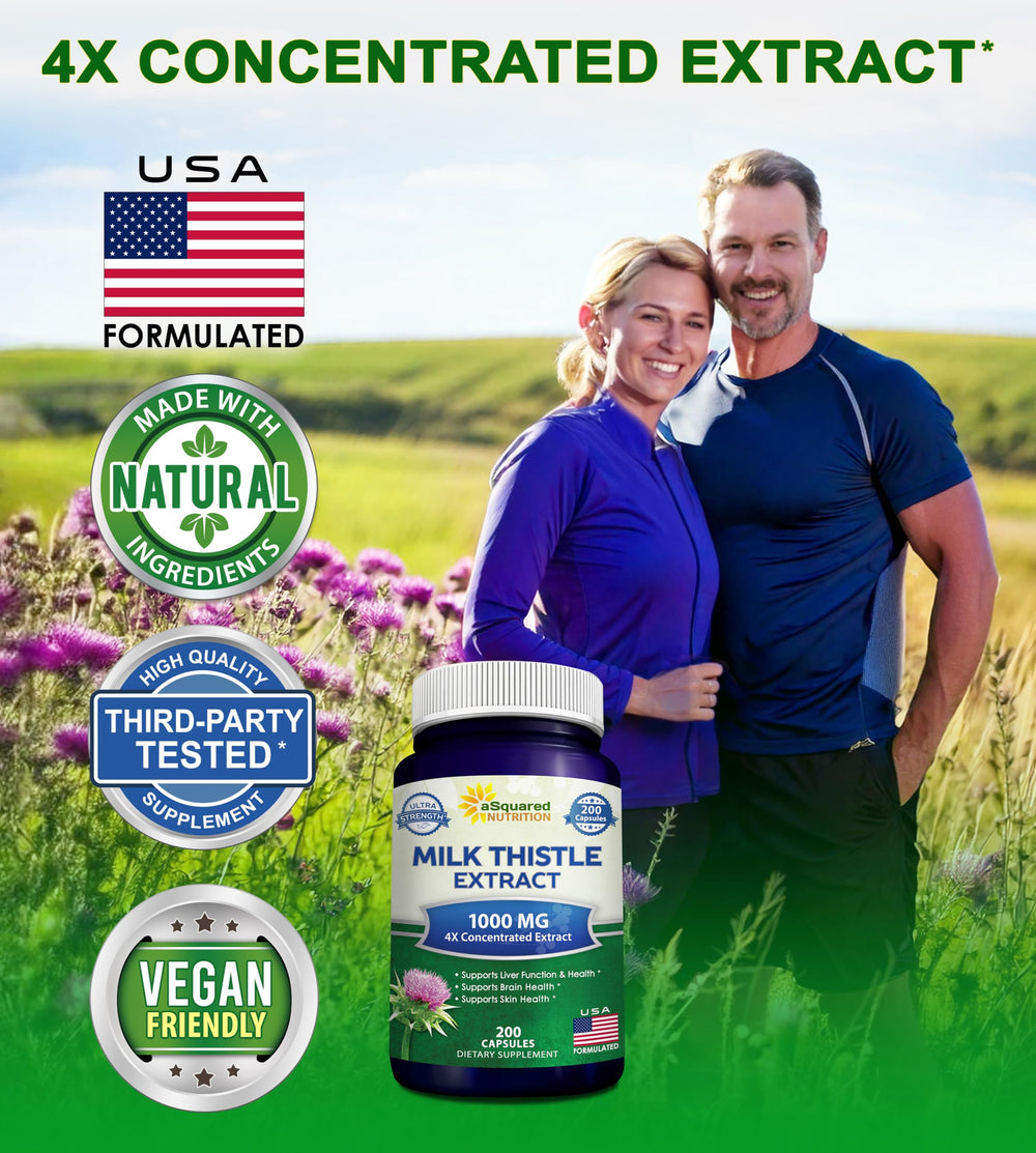 asquared Nutrition milk thistle seed extract label close-up highlighting ingredients.