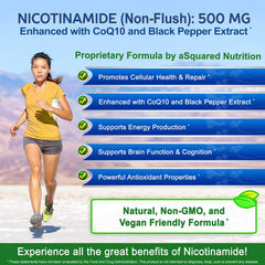 aSquared Nutrition Nicotinamide with CoQ10 capsules close-up highlights non-flush B3 and supplement benefits
