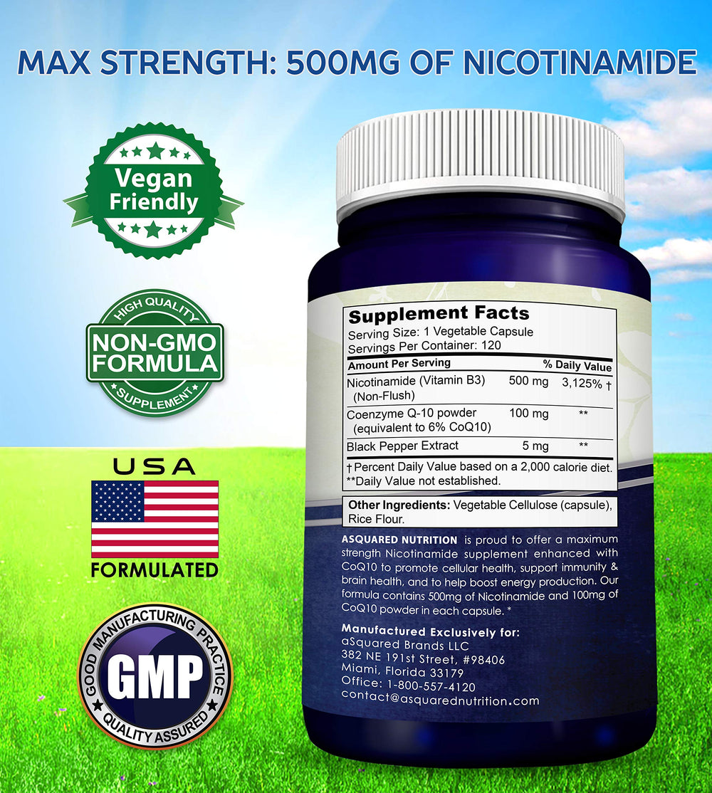 aSquared Nutrition Nicotinamide with CoQ10 bottle on desk conveys daily wellness routine