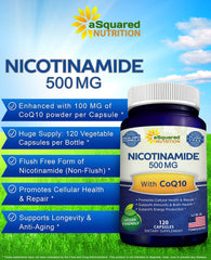 aSquared Nutrition Nicotinamide with CoQ10 label close-up emphasizes ingredients and vegan capsule