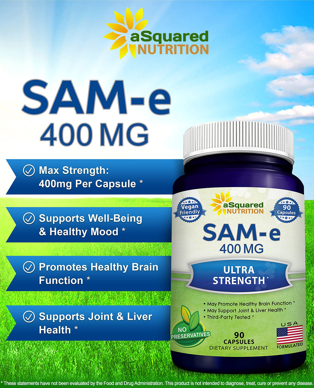 aSquared Nutrition SAM-e 400mg capsules close-up highlighting vegan formula
