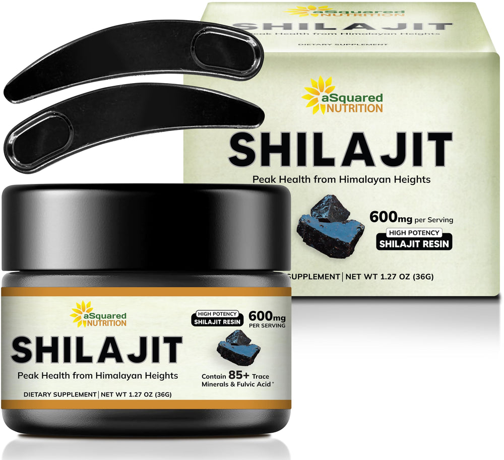 aSquared Nutrition Shilajit Resin jar with premium scoops for precise daily dosage.