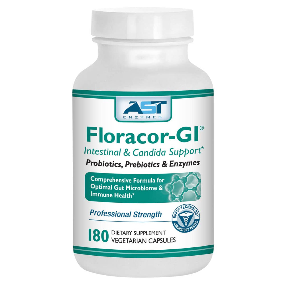 AST Enzymes Floracor-GI bottle with capsules for gut health support.