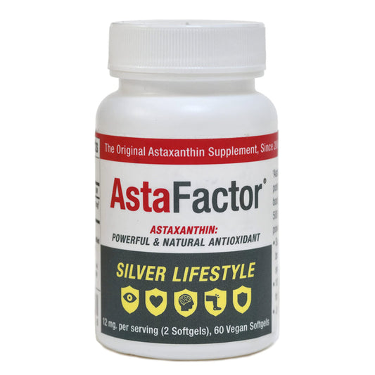AstaFactor Silver bottle front promoting an active lifestyle with powerful antioxidants.