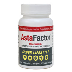 AstaFactor Silver bottle front promoting an active lifestyle with powerful antioxidants.