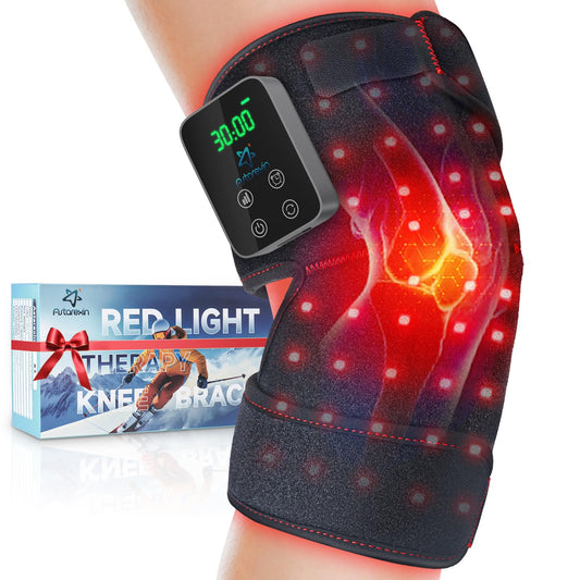 Astarexin knee brace front view with red light panels ready for therapy.