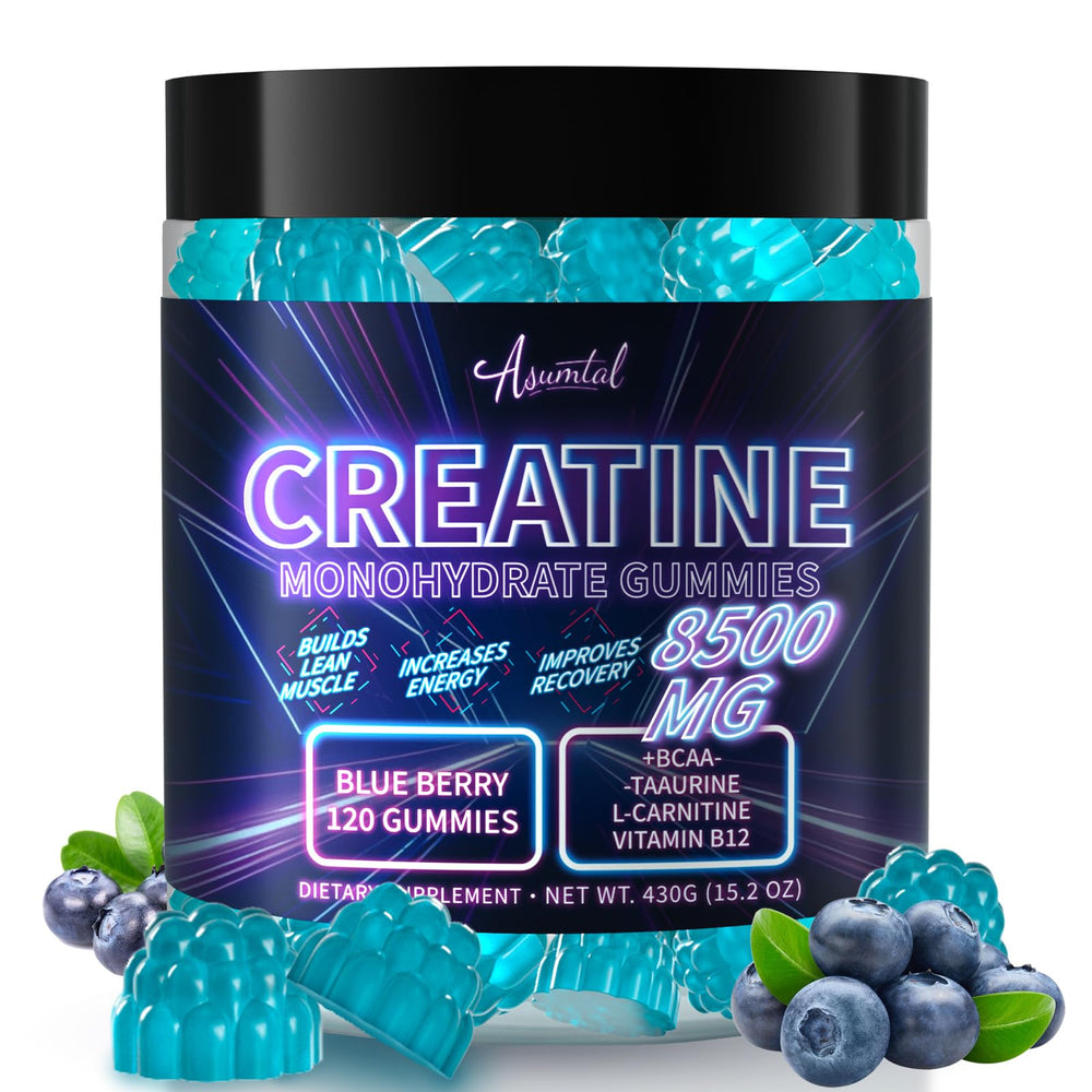 Asumtal Creatine Monohydrate Gummies blueberry bottle highlighting vegan, sugar-free energy support.