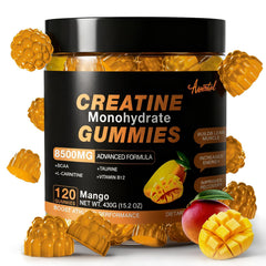 Asumtal Creatine Monohydrate Gummies bottle front showing mango flavor for workouts.