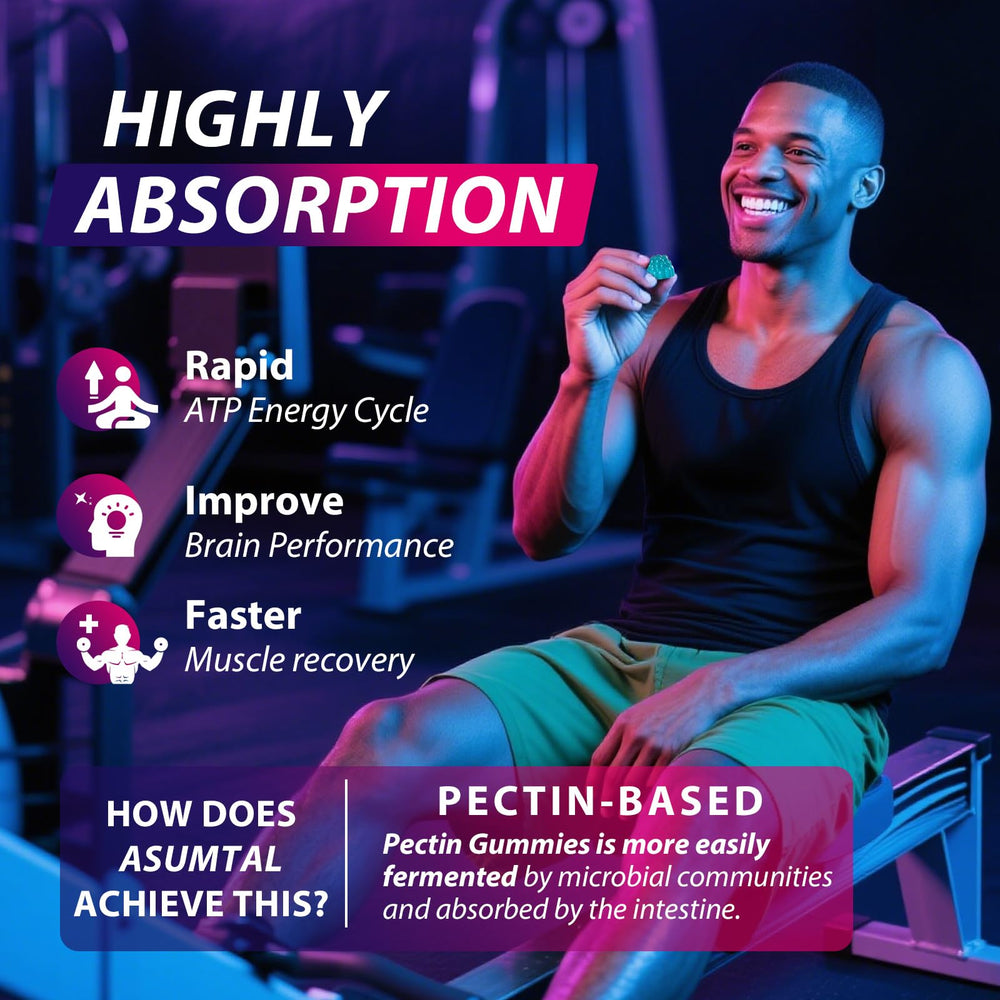 Asumtal Creatine Monohydrate Gummies male athlete during workout emphasizes strong performance.