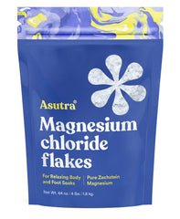 ASUTRA magnesium bath flakes in a 4 lb tub for relaxing soak and rapid absorption.