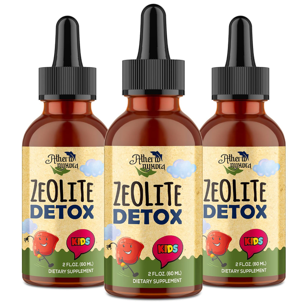 Atherionyxora Zeolite Detox for Kids bottle on table for gentle, natural support.