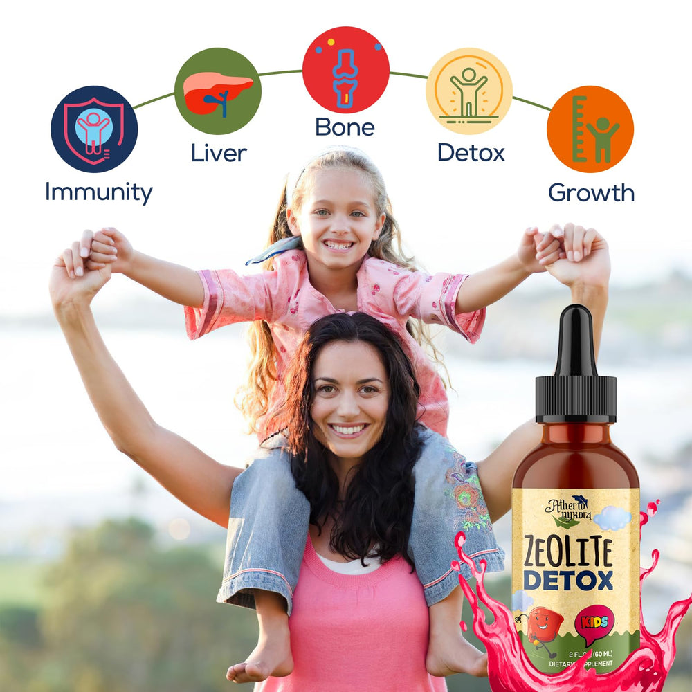 Atherionyxora Zeolite Detox for Kids being mixed with water for versatile use.
