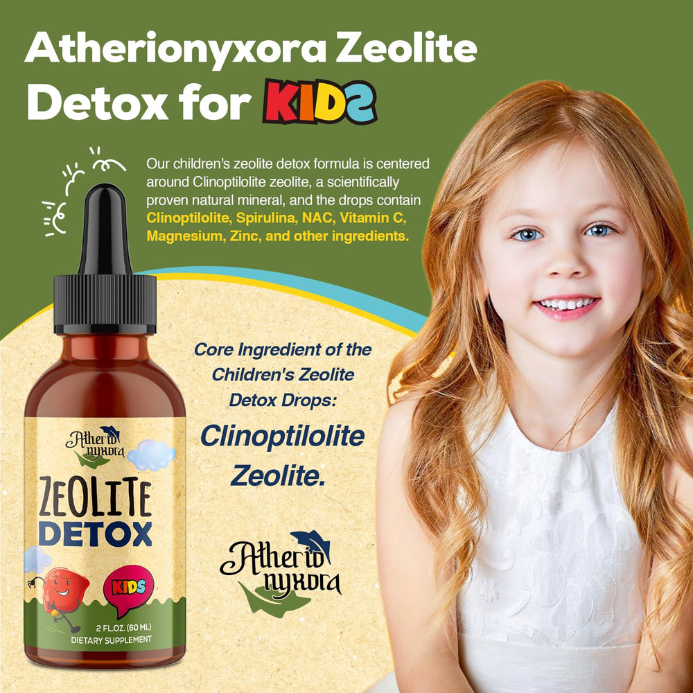 Atherionyxora Zeolite Detox for Kids dropper close-up for precise dosing.