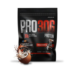 Athlean-RX PRO-30G chocolate coconut whey powder for targeted muscle recovery and flavor.