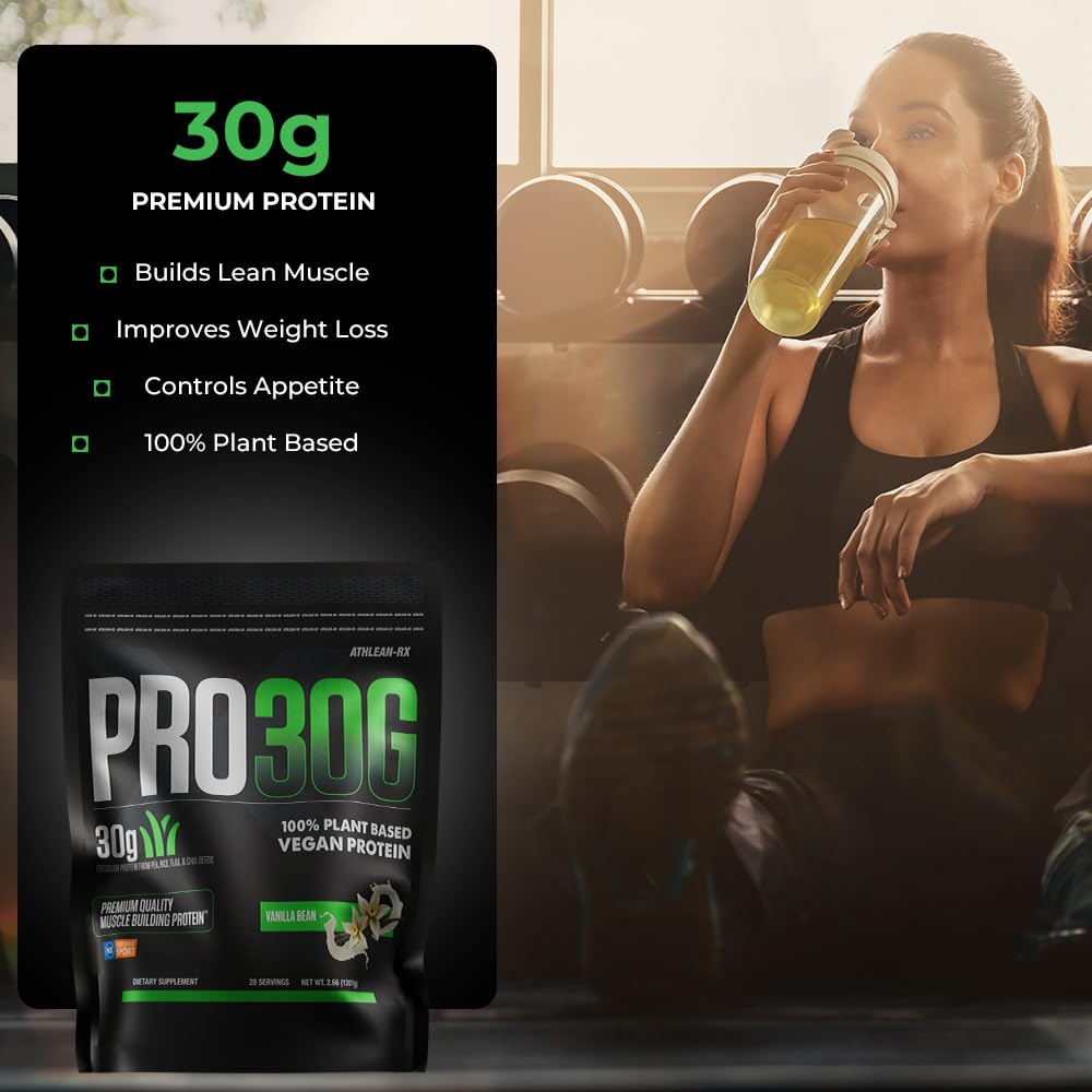 ATHLEAN-RX PRO-30G plant-based powder fuels workouts with protein-rich formula.