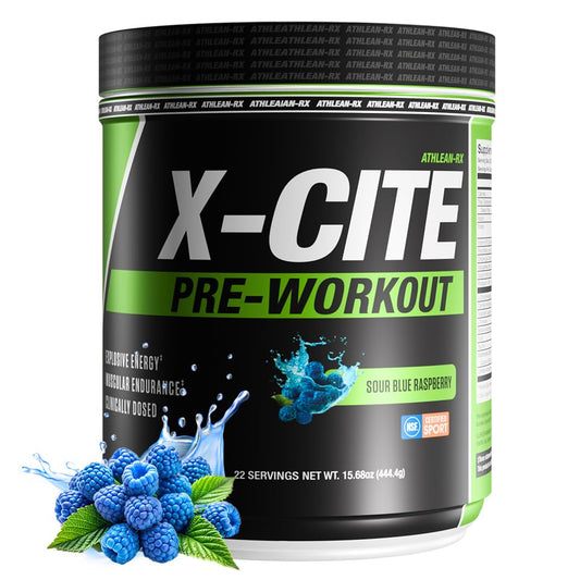 ATHLEAN-RX X-CITE bottle close-up highlighting boosted energy for intense workouts.