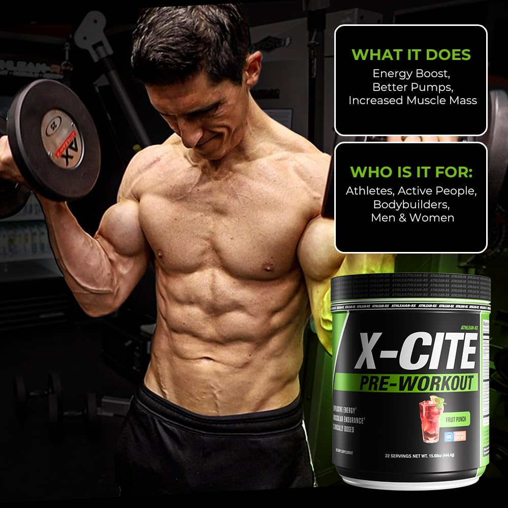 ATHLEAN-RX X-CITE powder close-up conveying smooth texture and quick mix