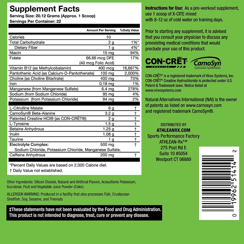 Tub front shows ATHLEAN-RX X-CITE branding and flavor cue.