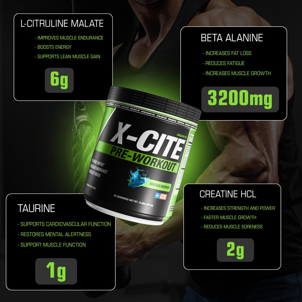 ATHLEAN-RX X-CITE tub label highlights beta-alanine and caffeine for endurance.