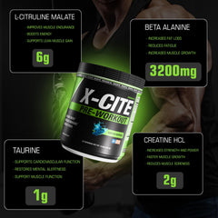 ATHLEAN-RX X-CITE tub label highlights beta-alanine and caffeine for endurance.