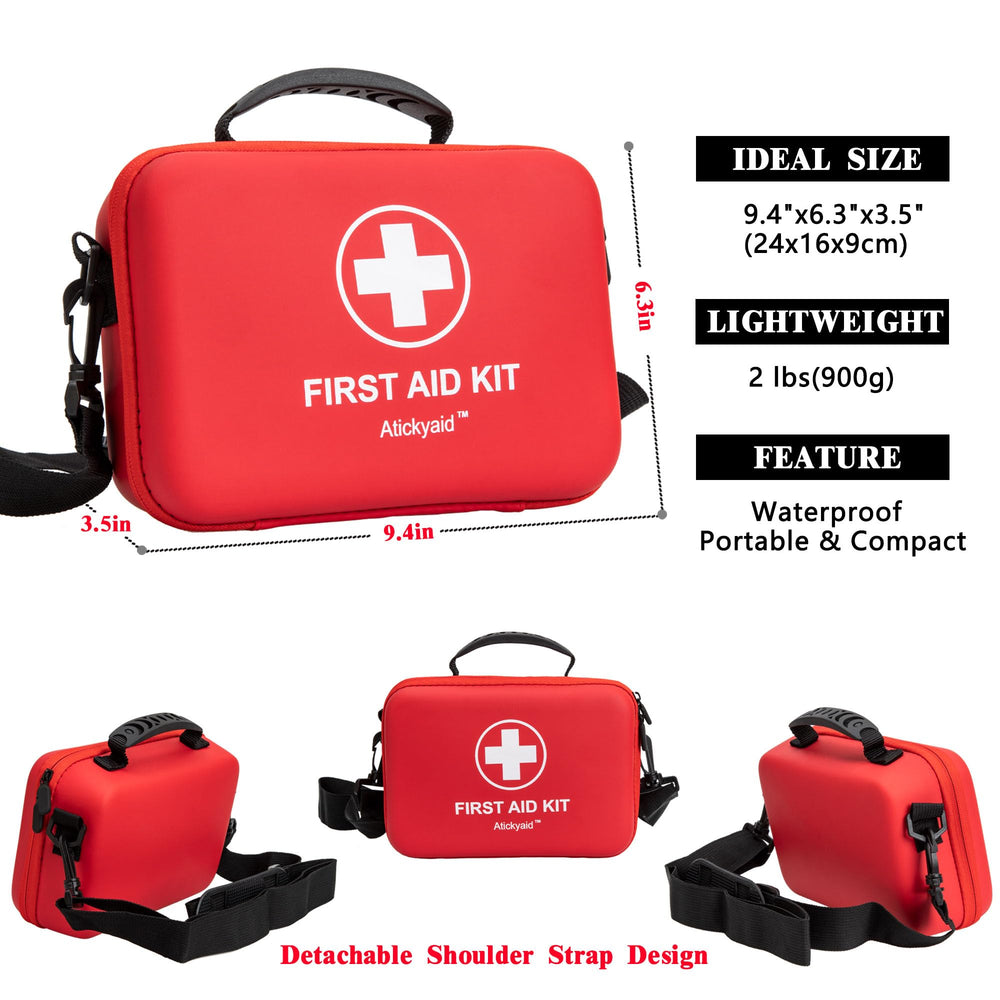 Atickyaid First Aid Kit waterproof shell protects contents in wet conditions.