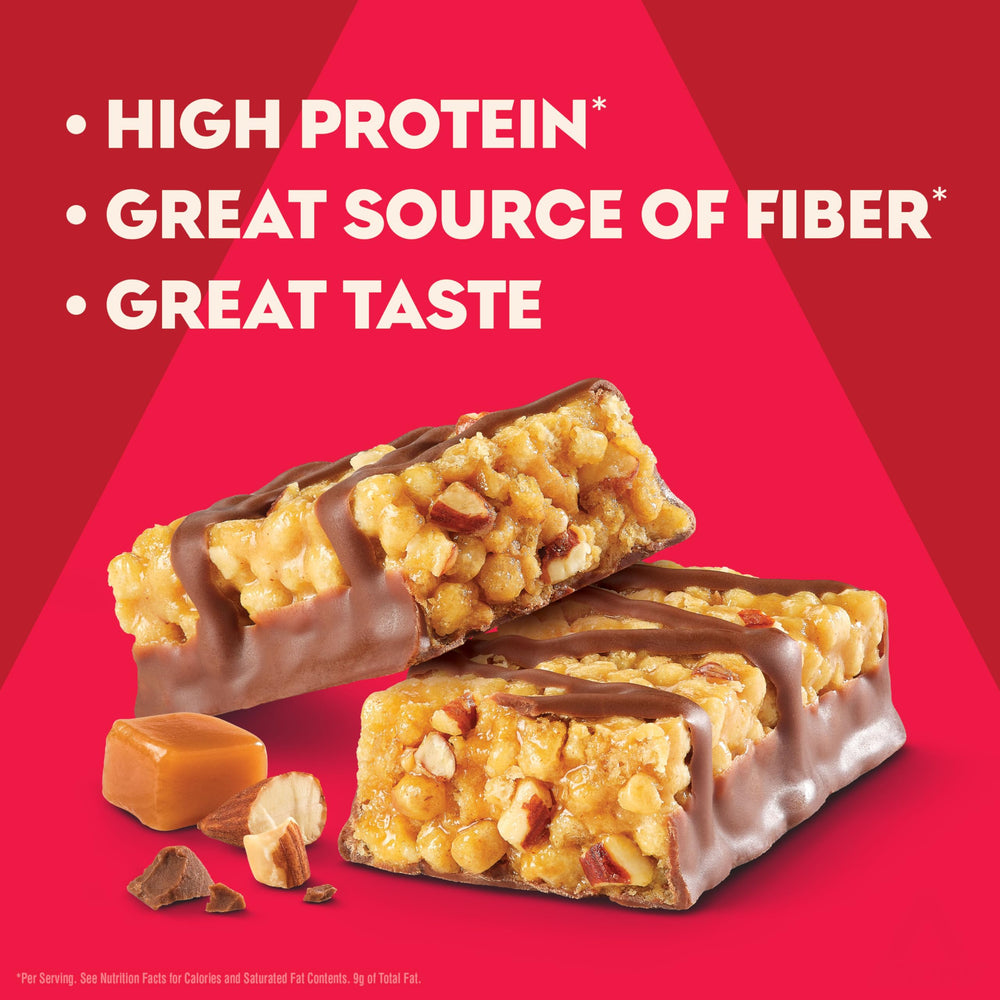 Atkins Chocolate Almond Caramel bar cross-section — almond butter, chocolate drizzle, caramel center.