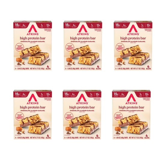 Atkins Chocolate Almond Caramel bar pack — convenient single-serve, 15g protein per bar.