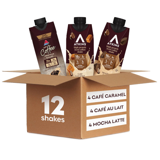 Atkins Coffee Lovers Mocha Latte bottle pour with protein boost.