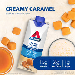 Atkins energy shake pour close-up highlighting creamy caramel texture