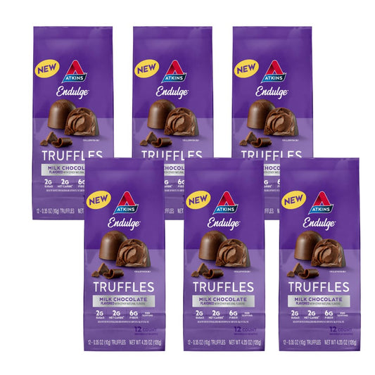 Atkins Endulge milk chocolate truffles close-up in a 6-pack display, balanced indulgence.