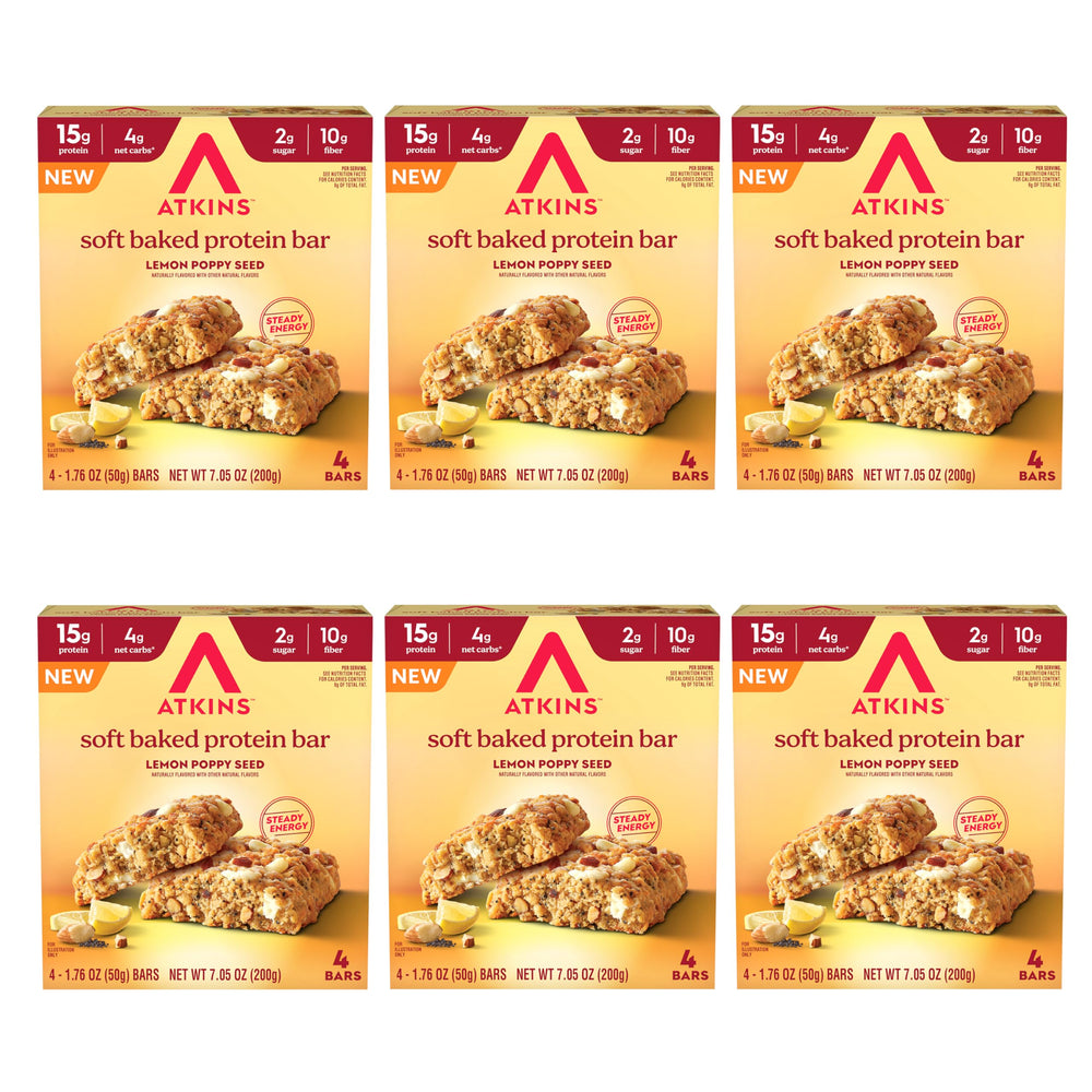 Atkins Lemon Poppy Seed Soft Baked Bar pack, convenient grab-and-go high protein snack