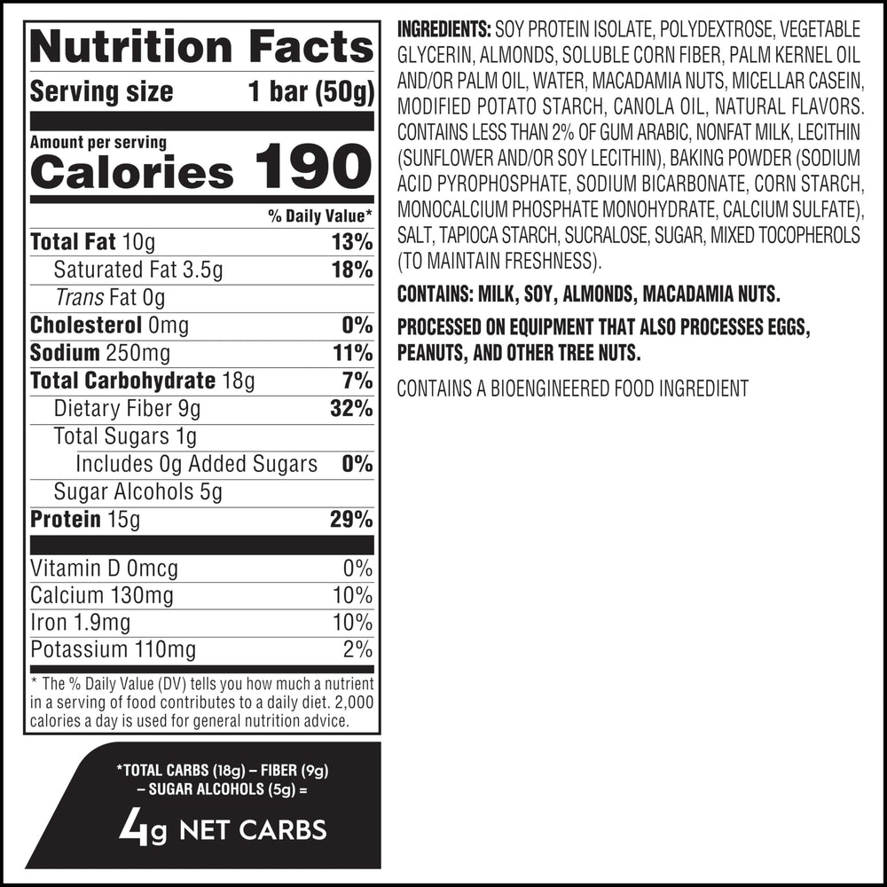 Atkins Soft Baked Vanilla Macadamia Nut bar ingredients view featuring protein and fiber balance