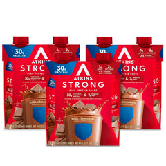 Atkins Strong milk chocolate bottle for convenient high-protein on-the-go nutrition.