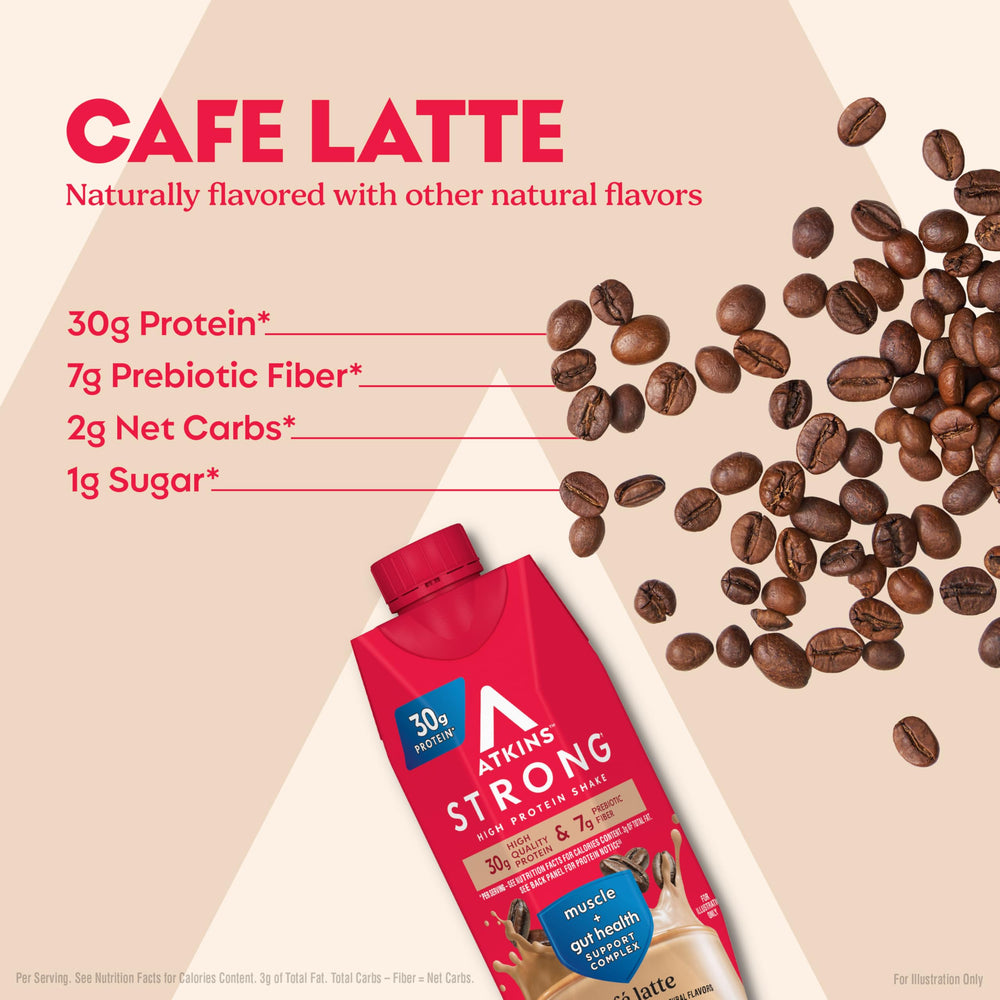 Atkins Strong nutrition panel highlights 30g protein and 7g fiber per serving.