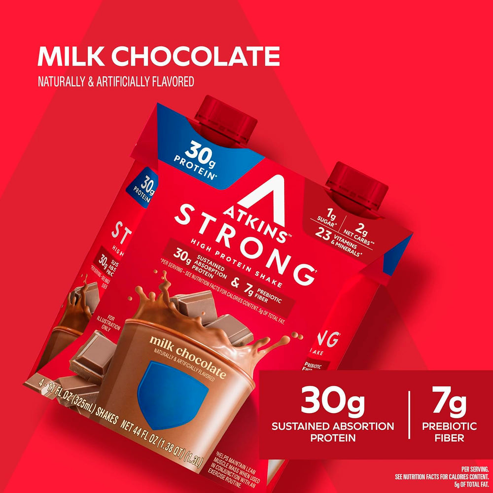 Atkins Strong shake pour demonstrates smooth chocolate texture for flavor satisfaction.