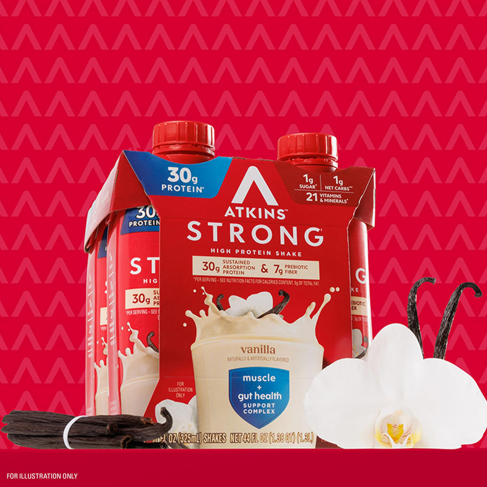 Nutrition facts panel from Atkins Strong Vanilla Shake showing 30g protein