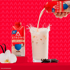 Packaging carton of Atkins Strong Vanilla Shake highlighting gluten-free and keto-friendly